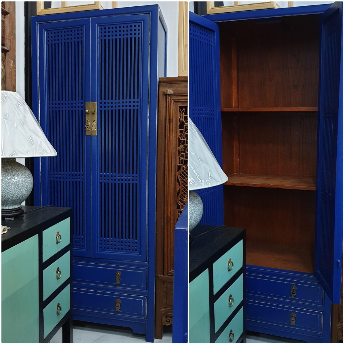 Chinese Furniture - Royal Blue 2-Drawer Lattice Bookcase