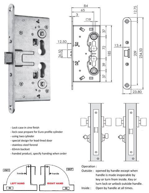 214110654 - mortise sash lock - specially design for lead-lined door & panic device