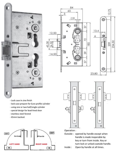 214120652 - mortise sash lock - specially design for lead-lined door & panic device