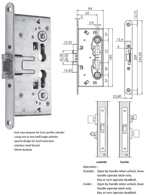 216120652 - mortise sash lock - specially design for lead-lined door