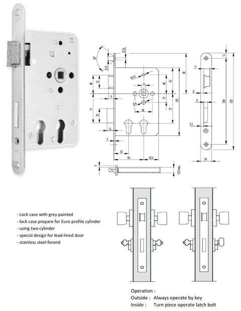 2327 - mortise sash lock - specially design for lead-lined door