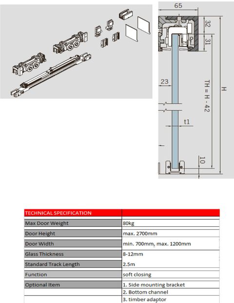 Agile 150 Dormotion - frameless glass sliding gear for door weight up to 80kg