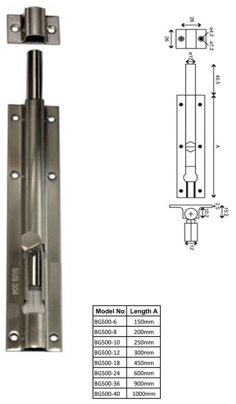 BG500 - 150 to 1000mm SS Barrel Bolts