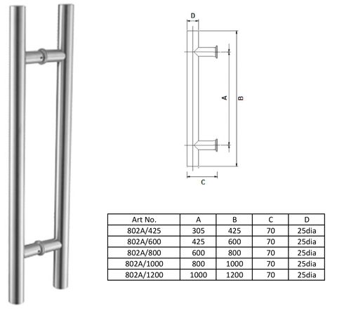 DB802/600 - 25mm dia "H" design pull handle