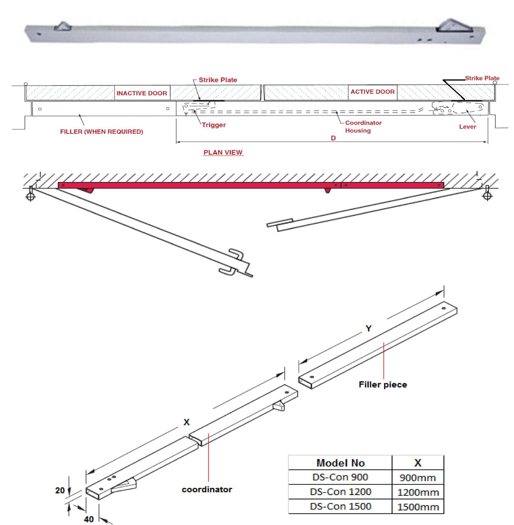 DSCon series 900, 1200 & 1500mm concealed door coordinator Dor