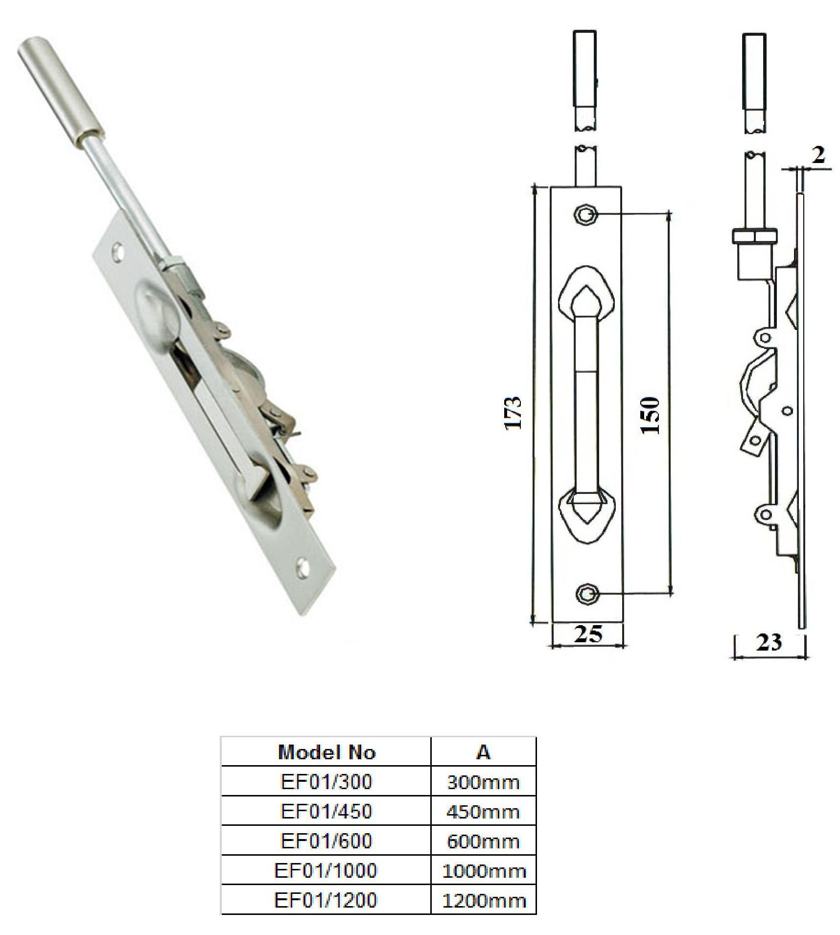 EF01/300, 450, 600, 1000 & 1200 extension type flush bolt Dor Ware