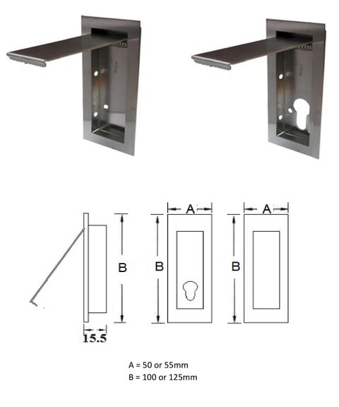 FLP100, FLP100K, FLP125 & FLP125K - 50x100mm, 55x125mm recessed flip handle with/without key hole