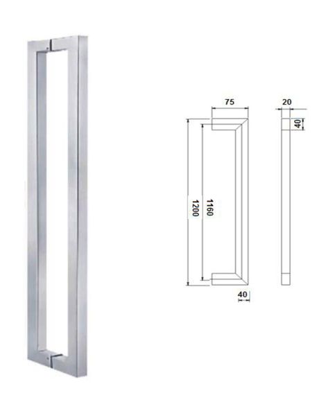 HB148/1200 - 20x40x1200mm rectangular section "D" pull handle 20mm front facing