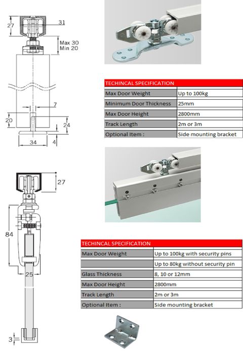 SL100 & SL100G - Sliding systems for door weight up to 100kg