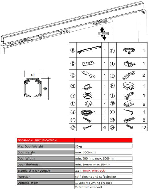 SSH-F-SC-80 - self-closing sliding gear for timber door up to 80kg