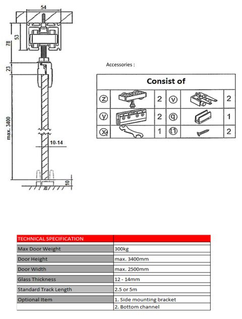 SSH-G-300 - Heavy duty sliding gear for 10-14mm glass door up to 300kg