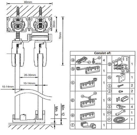 SSH-G-PT2-80 - progressive telescopic sliding system for frameless glass door (10-14mm)