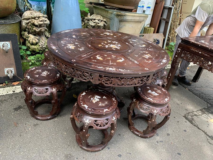 Antique Chinese Blackwood Dinner Table Set (Mother Of Pearl)