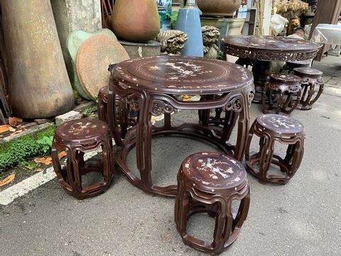Antique Chinese Blackwood Tea Table Set (Mother Of Pearl)
