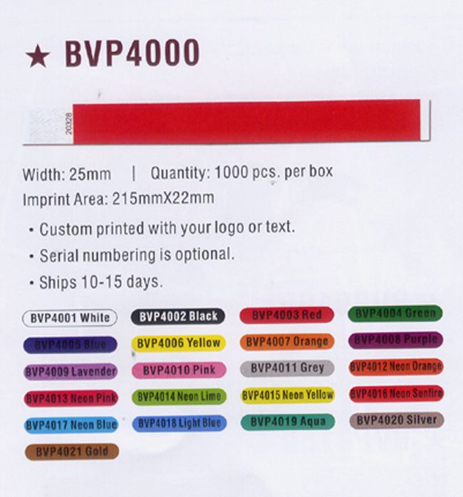 Tyvek Wristband Code: BVP-4000