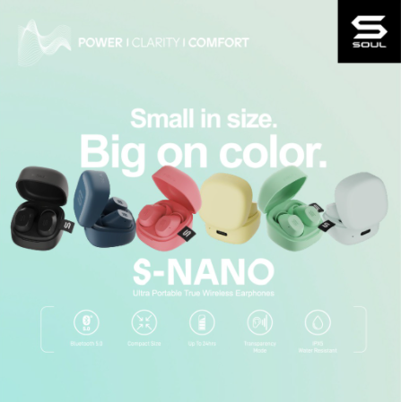 SOUL S-NANO Ultra Portable True Wireless Earphones Bluetooth 5.0 Audio Transparency Mode IPX5 USB C 24 hours